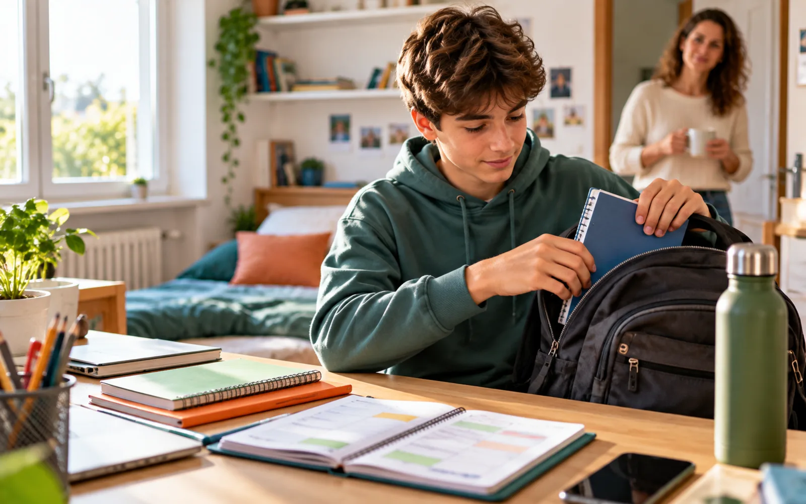 Ragazzo che organizza zaino, agenda e materiali scolastici