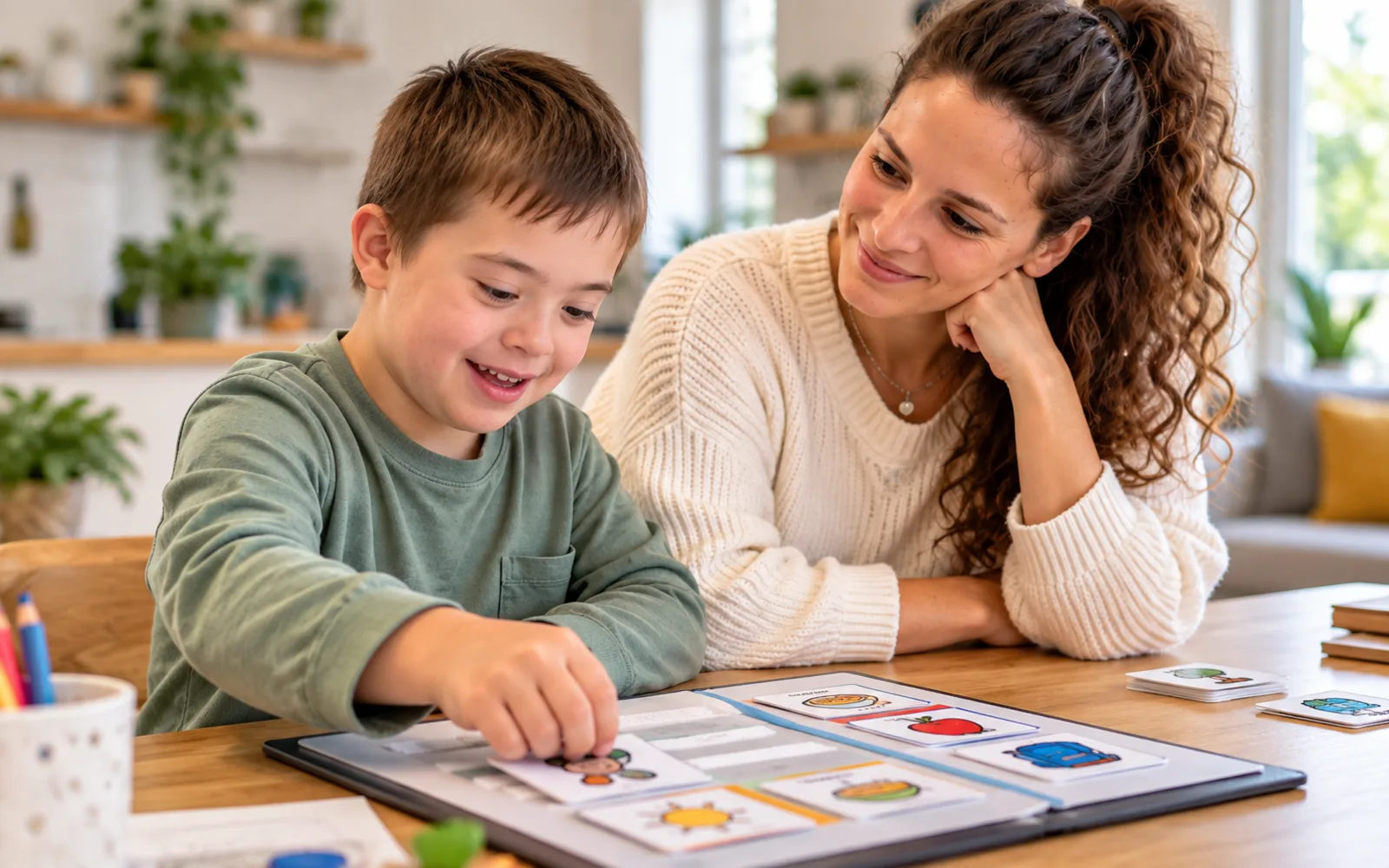 Bambino e adulto impegnati in un’attività educativa con supporti visivi