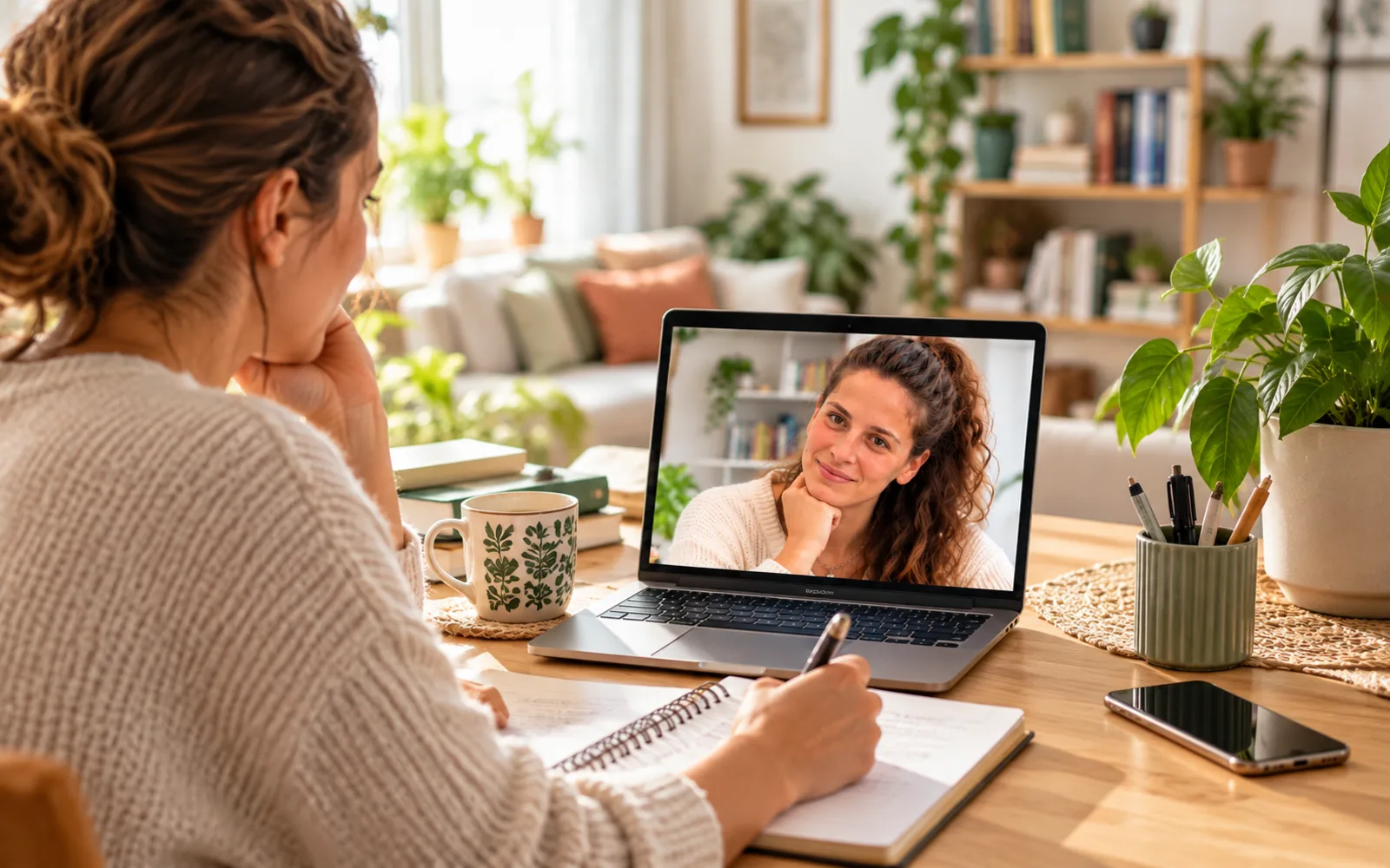 Genitore che prende appunti durante un colloquio educativo online