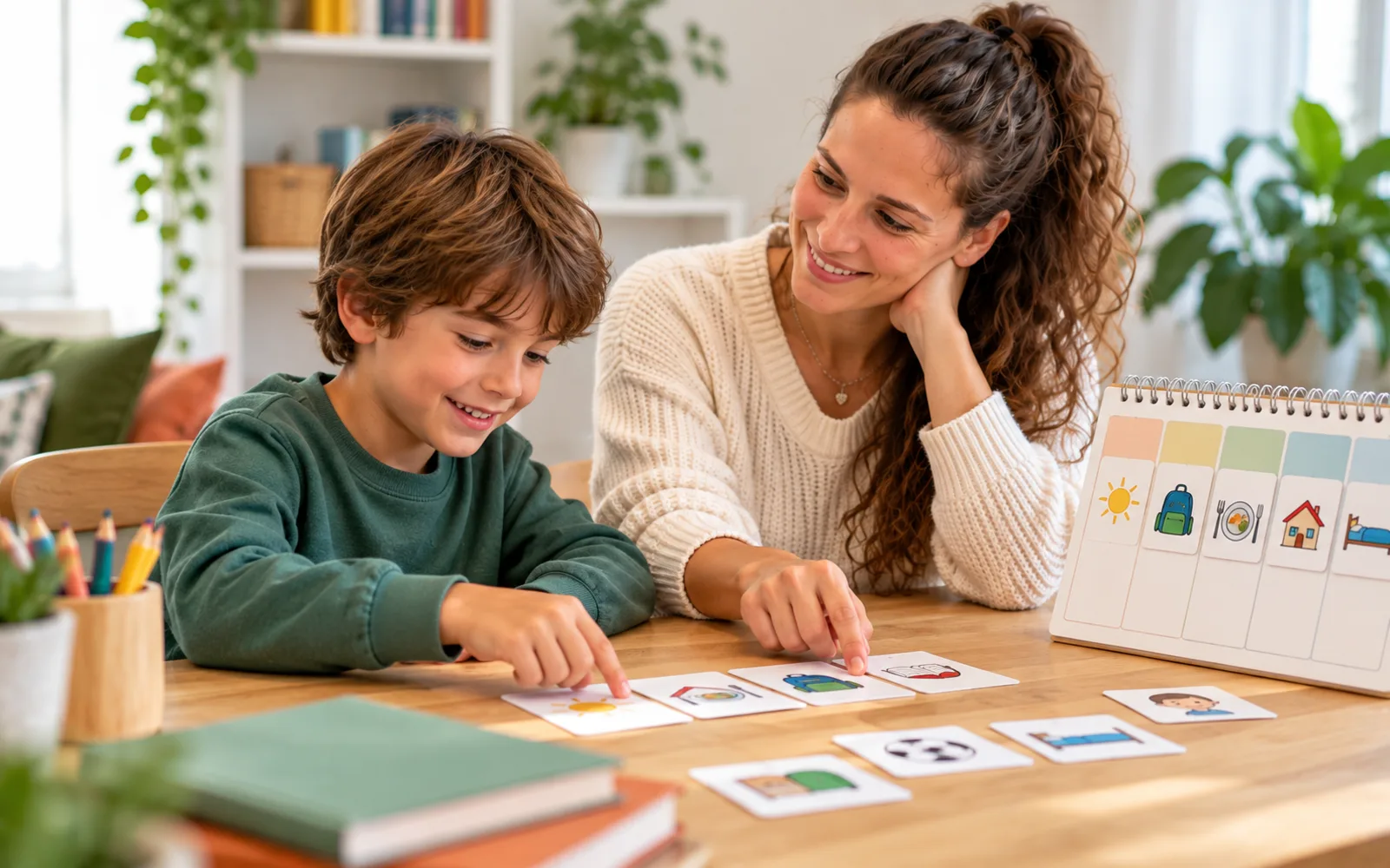 Bambino e adulto che organizzano una routine con supporti visivi