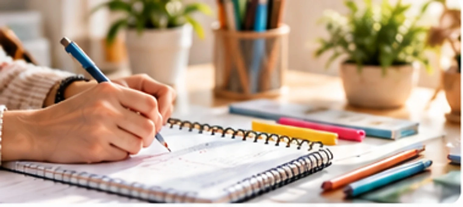 Mani che prendono appunti su un quaderno per preparare il colloquio