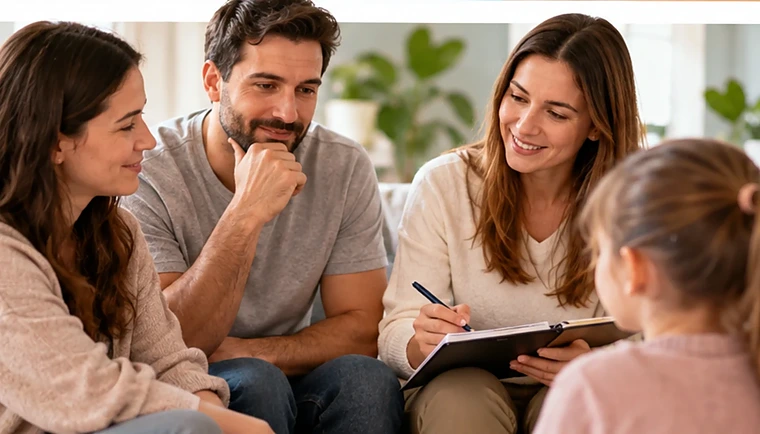 Famiglia durante un confronto educativo con una professionista