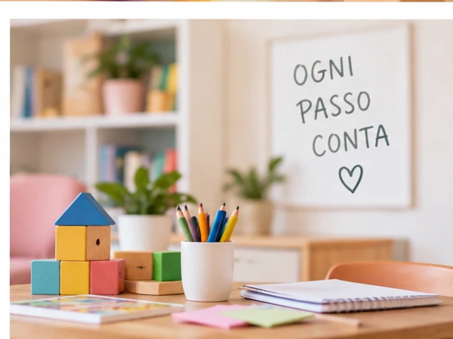 Materiali educativi semplici, quaderno e colori su un tavolo