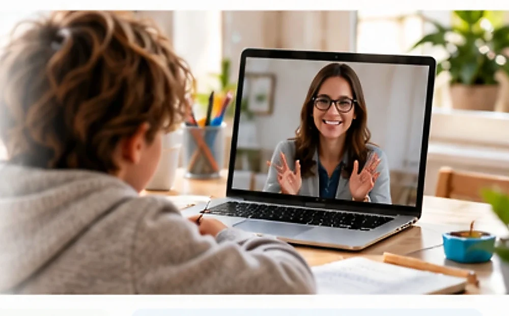 Colloquio educativo online tramite laptop con quaderno per gli appunti