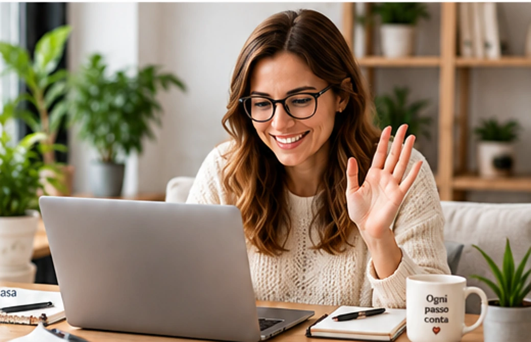 Colloquio educativo online da casa con laptop e quaderno